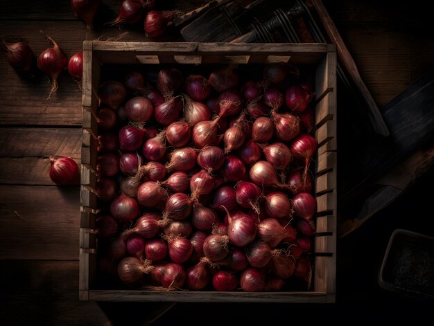 harvest of shallots in a wooden basket