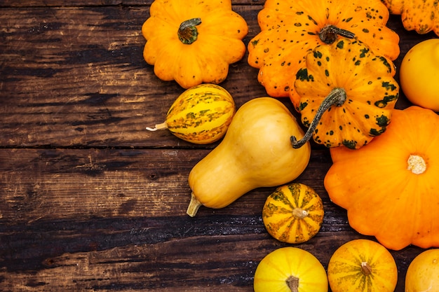 Harvest of various ripe pumpkins. Colorful festive background, Thanksgiving or Halloween Day. Old wooden boards background, top view