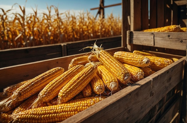 Harvested corn in wooden crates