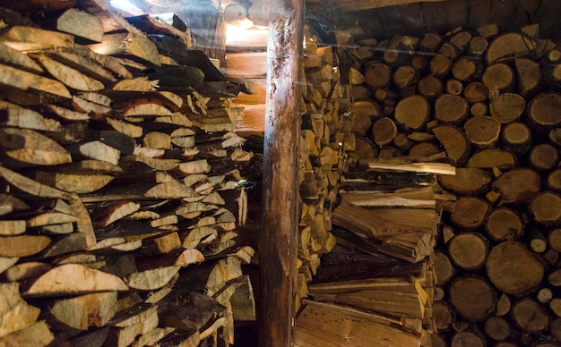 Photo harvested firewood in the woodshed for the fireplace or stove