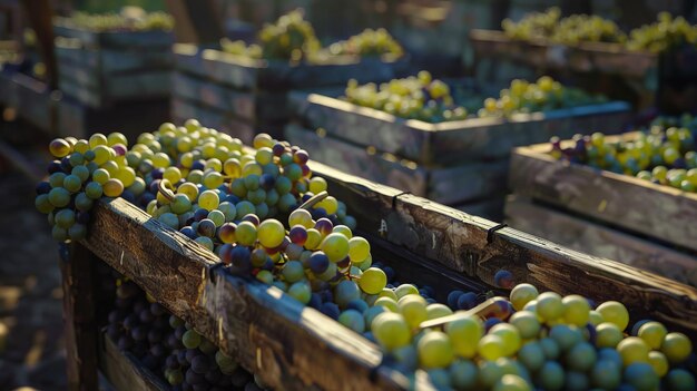 Harvested grapes crates