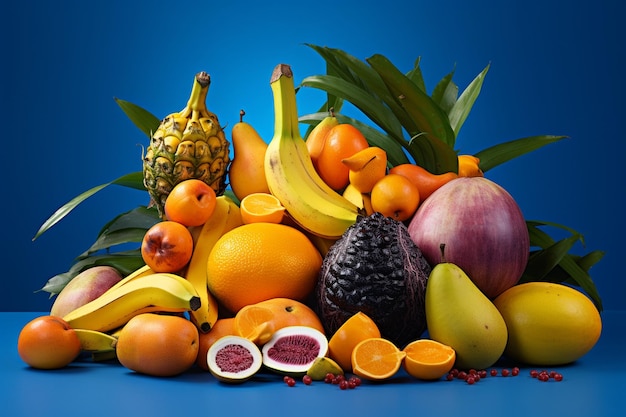 Harvested juicy tropical exotic fruit on blue background