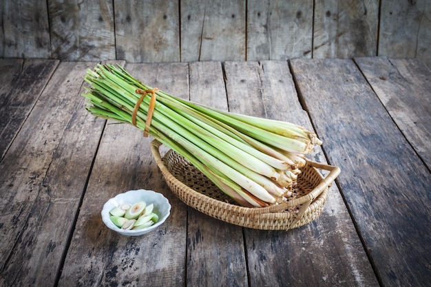 harvested lemongrass on a wooden table