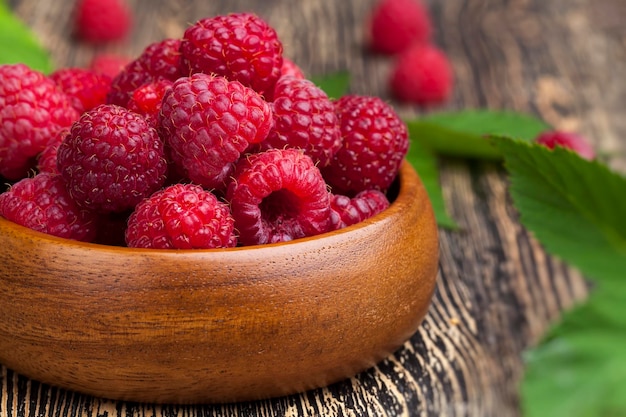 Harvested red raspberries close up