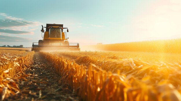 The harvester is working in a field of yellow wheat