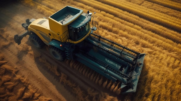 The harvester rides through the field with wheat and collects the agricultural grain AI generated