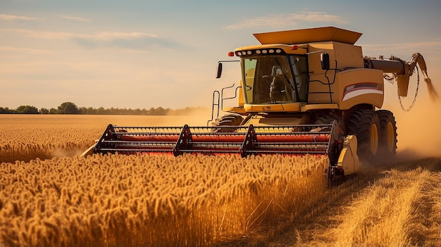 Harvester at work in summer sunny day