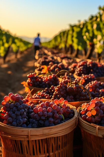 Photo harvesters under the vast cloudless sky carrying baskets full of vibrant juicy grapes