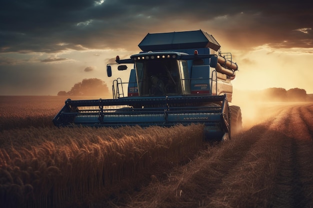 Harvesting after planting at the end of the growing season Workers gather ripe produce Soybean wheat corn sunflowers Tractor and combine harvesterFarm equipment and farming machine Generative AI