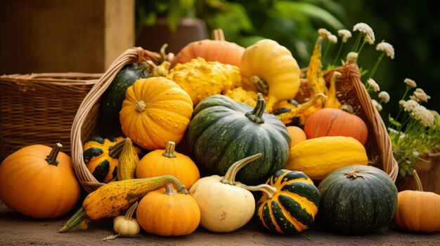 Photo harvesting autumns bounty captivating squashes and pumpkins in a charming rustic setting