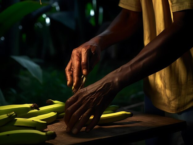 Harvesting bananas on a plantation closeup Ai Generative