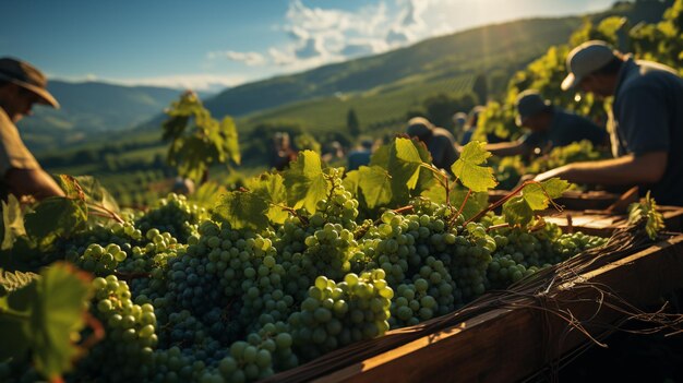 Photo harvesting by workers on grape plantations generative ai