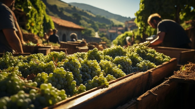 Photo harvesting by workers on grape plantations generative ai