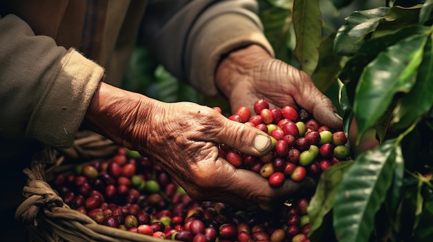 Harvesting coffee berries by agriculturist hands Female farmer hand picking fresh coffee beans from