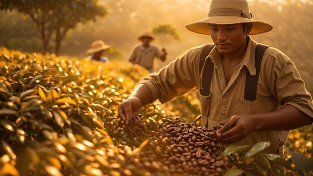 Harvesting coffee gold brazilian farmers at dawn