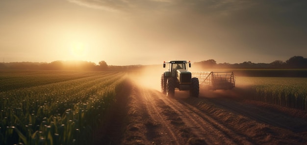 Harvesting field with combine at sunset Generative Ai