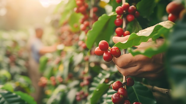 Harvesting Fresh Coffee Cherries by Hand in Sunlight