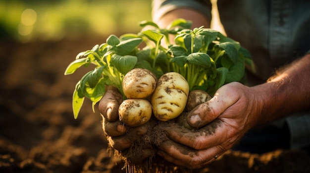 Harvesting fresh potatoes with hands from soil