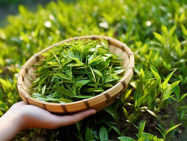 Harvesting Fresh Tea Leaves Hands with Bamboo Dustpan