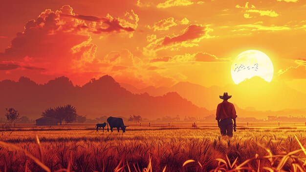 Harvesting Gold A Sunset Symphony of Human and Animal Labor in Agriculture