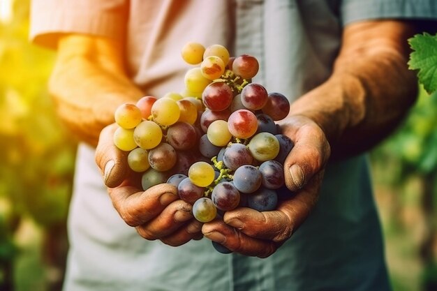 Photo harvesting grapes farmer's hands and bountiful harvest generative ai