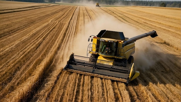 Photo harvesting machine working in golden wheat field