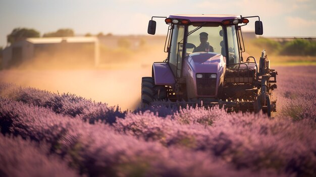 Harvesting machines at work in a sunlit lavender field