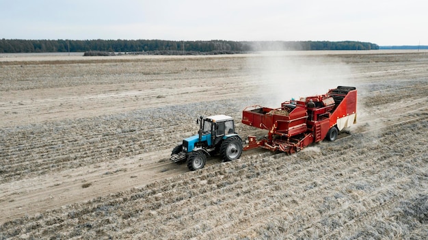 Harvesting potatoes with a drone aerial photography from a drone