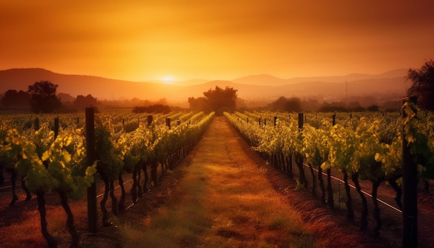 Harvesting ripe grapes in a tranquil italian vineyard at dawn generated by ai