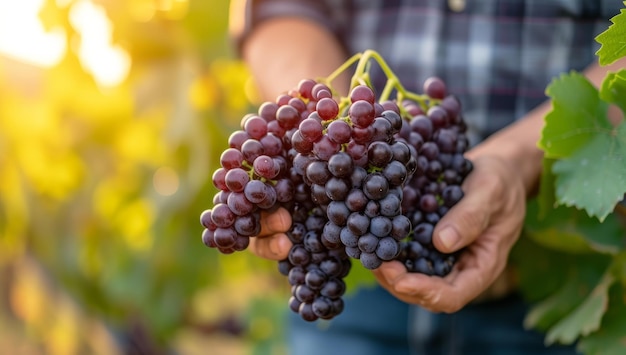 葡萄園の熟した赤いブドウの収 農家の手で保管された新鮮なブドウ集まり 晴れた秋のワイナリー ワインの生産の概念 ぶどうの栽培とブドウ生産