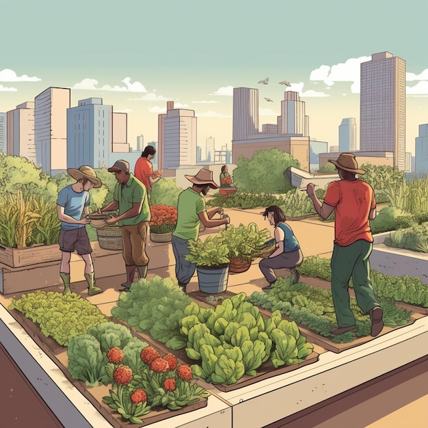 Photo harvesting a rooftop garden in the heart of the city