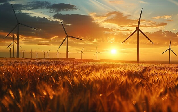 Harvesting the Wind sunset view over a wind farm with wind turbines standing tall among the golden