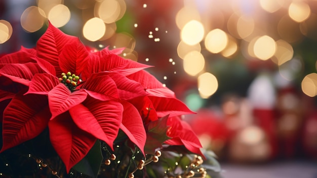 Foto hashmi78_beautiful_poinsettia_near_christmas_tree_on_blurred_f12f5ea9