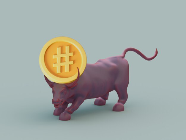 Hashtag Bull Buy 시장 투자 성장 Crypto 통화 3D 그림 렌더링