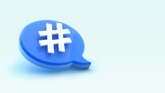 Hashtag icon on chat bubble 3d rendering. Social media messages, SMS, comments.