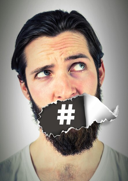 Hashtag icon and Man with torn paper on mouth