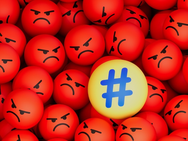 Hashtag Over Angry Emoticon Balls Crypto Valuta 3D Illustratie Render