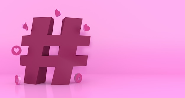 Hashtag symbol 3D rendering with copy space