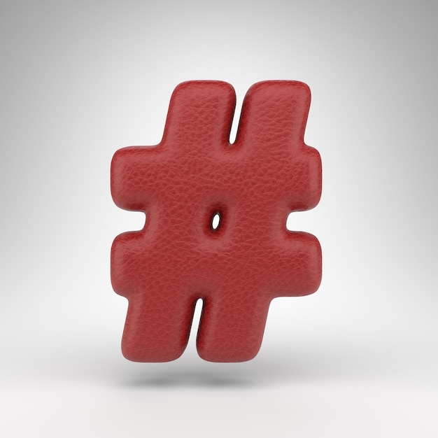 Photo hashtag symbol on white background. red leather 3d sign with skin texture.