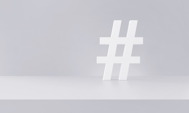 Hashtag symbol white and clear in photography studio background. Trending topics, trends, digital marketing. 3d rendering.