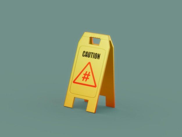 Hashtag Wet Floor Sign Yellow Caution Danger Social Media Marketing 3D Illustration Render