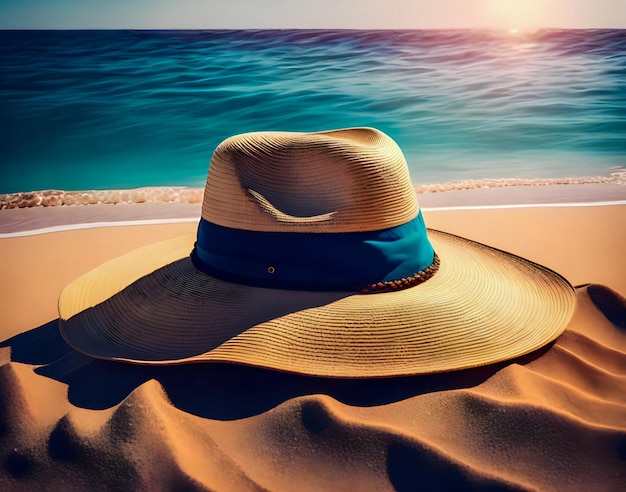 A hat on a beach with the sun setting behind it