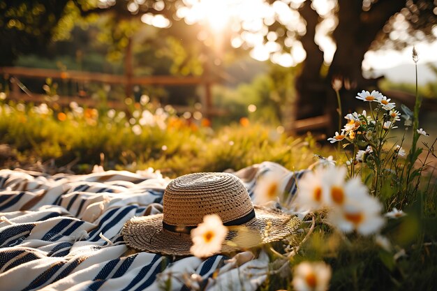 Photo a hat and a blanket are on a blanket in the grass