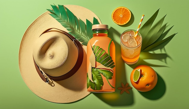 A hat and a bottle of orange juice sit on a green table Generative Ai