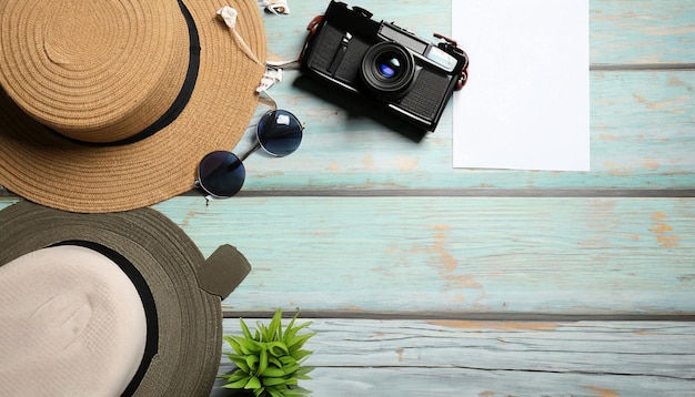 A hat, a camera, and a hat are on a table.