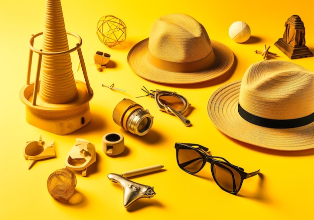 Hat camera and sunglasses are on yellow background