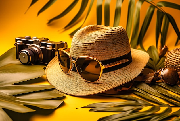 Hat camera sunglasses shells and leaves on yellow background