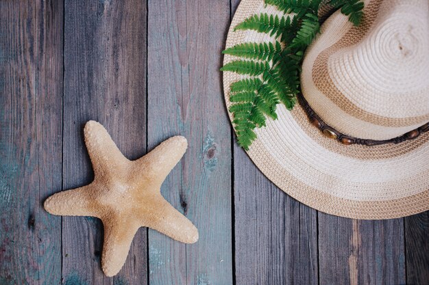 A hat, a fern leaf, a starfish, sea shells on the wooden background