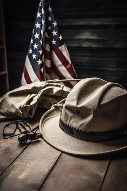 A hat and a flag are on a table with a hat on it.