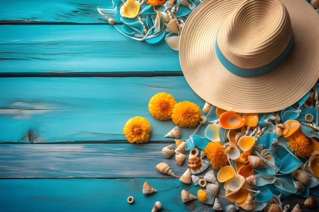 A hat and flowers on a blue wooden table